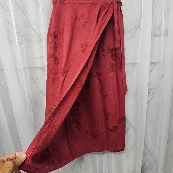 Laura Ashley Rusty Red Floral Skirt Boho Tru Wrap Linen Midi 8 - Picture 3 of 9